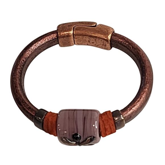 NEW Artisan Rose Gold Distressed Leather & Ceramic Dragonfly Bead Bangle - Picture 4 of 7